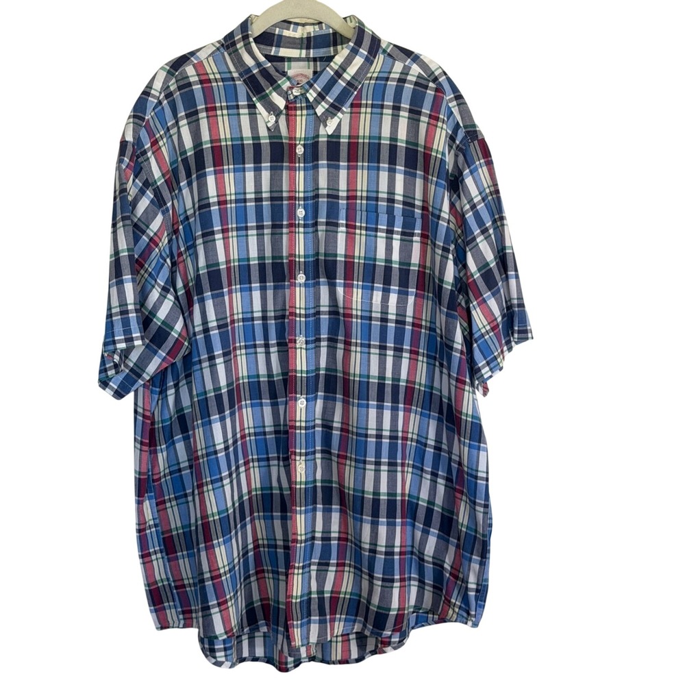 Brooks Brothers Polo Shirt Blue XXL Mens Short Sleeve Plaid Button Down Cotton